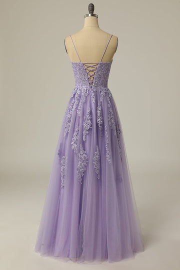 Light Purple A Line Long Sleeveless Ball Dress with Split Appliques